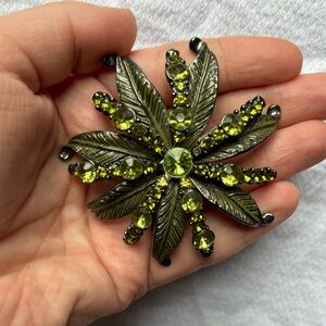 Vintage Mid-Century Large Green Gemstone Rhinestone Flower Brooch Pin